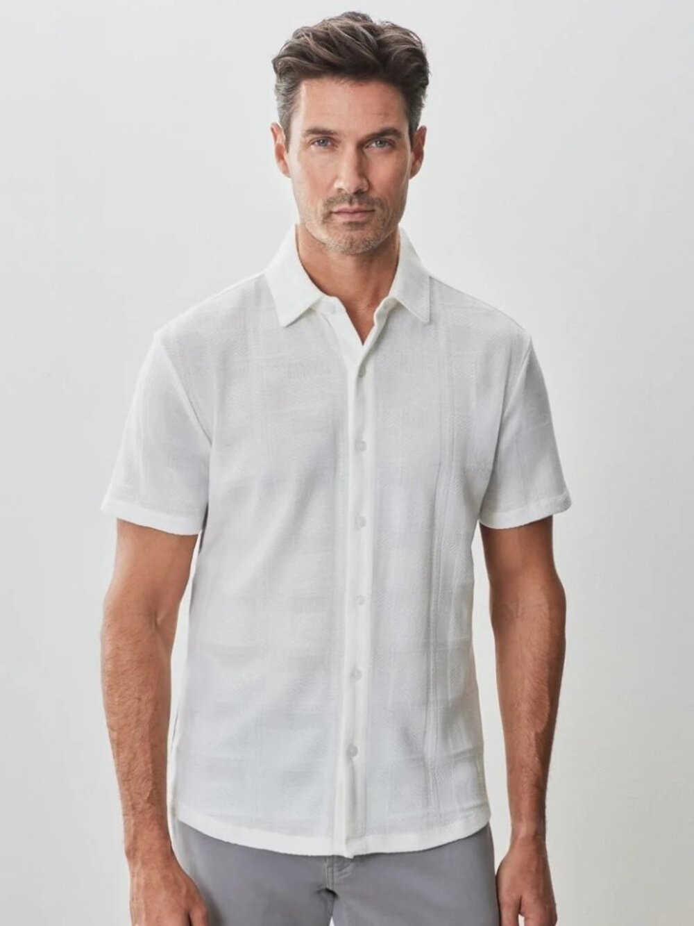 Robert Barakett White Textured Tonal Windowpane Knit Shirt/33635